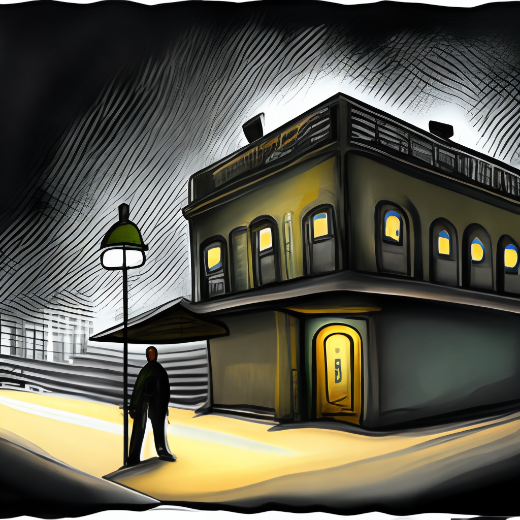 Make a drawing of an abandoned hotel. It should have a dark background and a lamp on the street, dimly illuminating the scene in a ghostly manner. The hotel should be on the right side of the image.