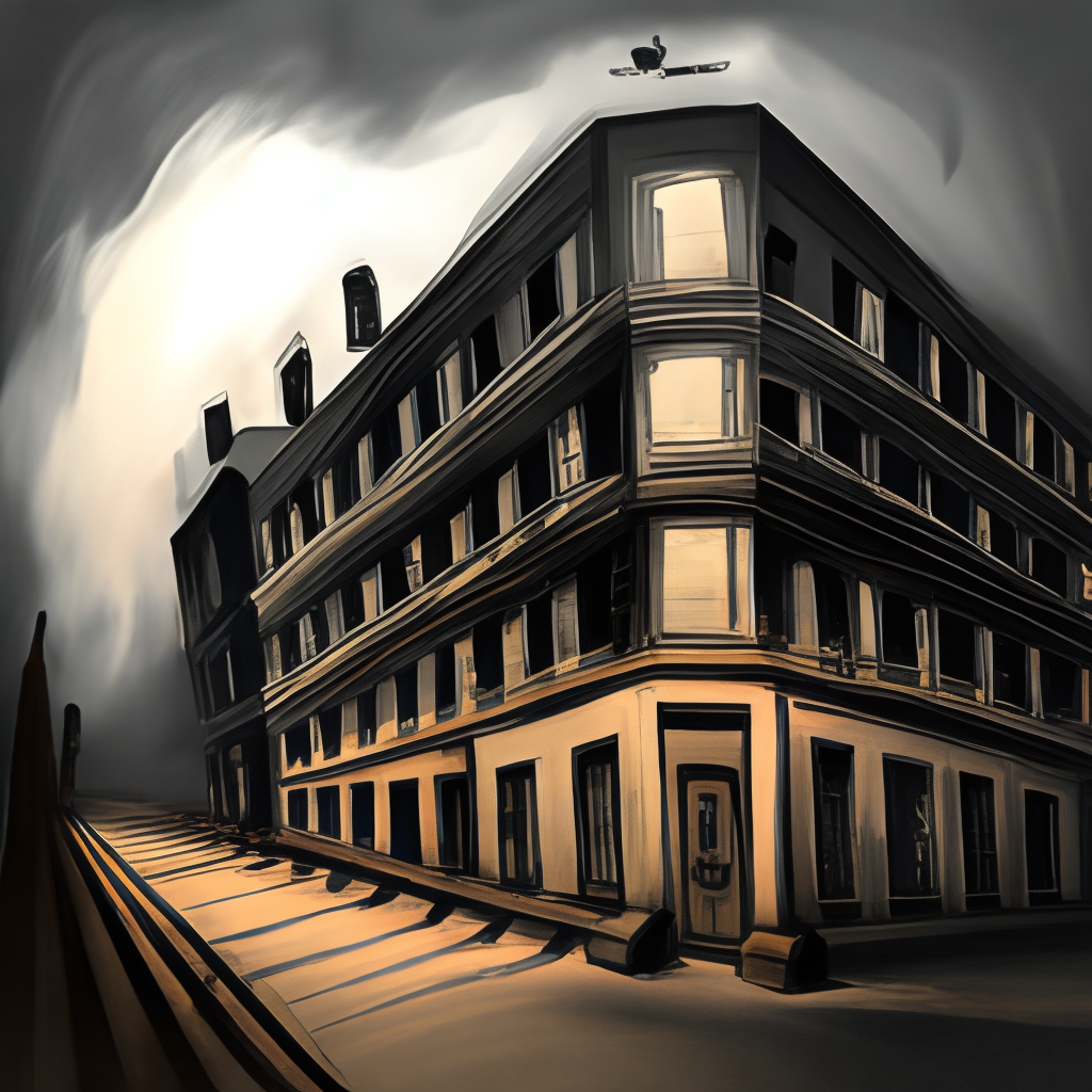 Make a drawing of an abandoned hotel. It should have a dark background and a lamp on the street, dimly illuminating the scene in a ghostly manner. The hotel should be on the right side of the image.