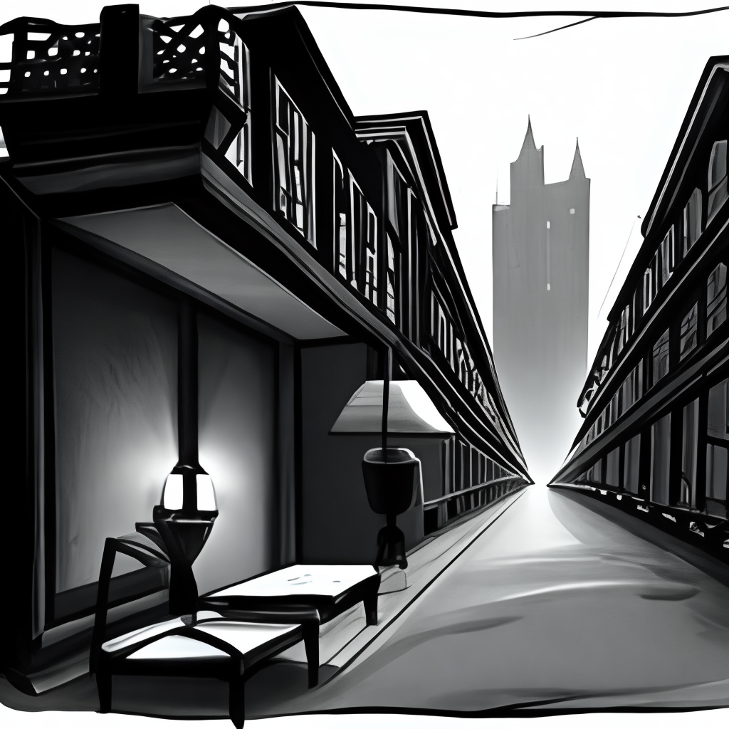 Make a drawing of an abandoned hotel. It should have a dark background and a lamp on the street, dimly illuminating the scene in a ghostly manner. The hotel should be on the right side of the image.