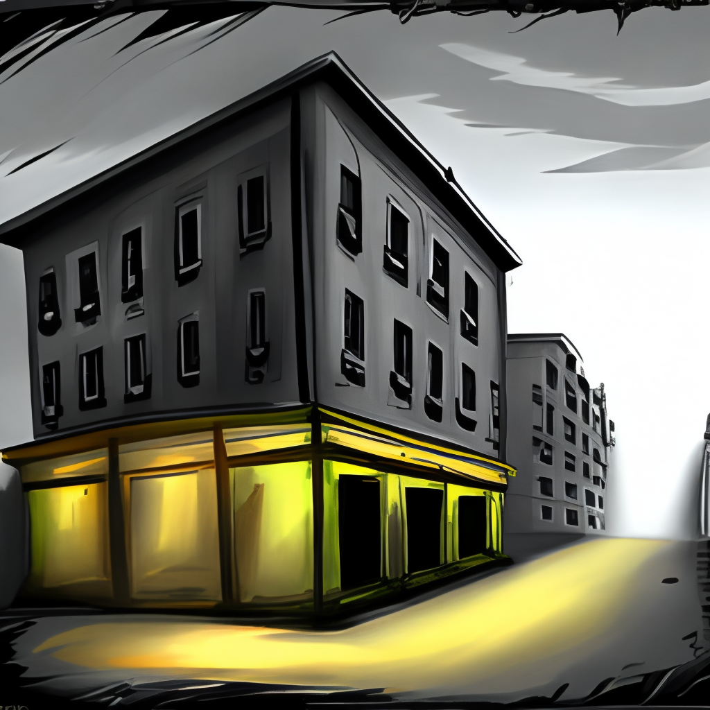 Make a drawing of an abandoned hotel. It should have a dark background and a lamp on the street, dimly illuminating the scene in a ghostly manner. The hotel should be on the right side of the image.