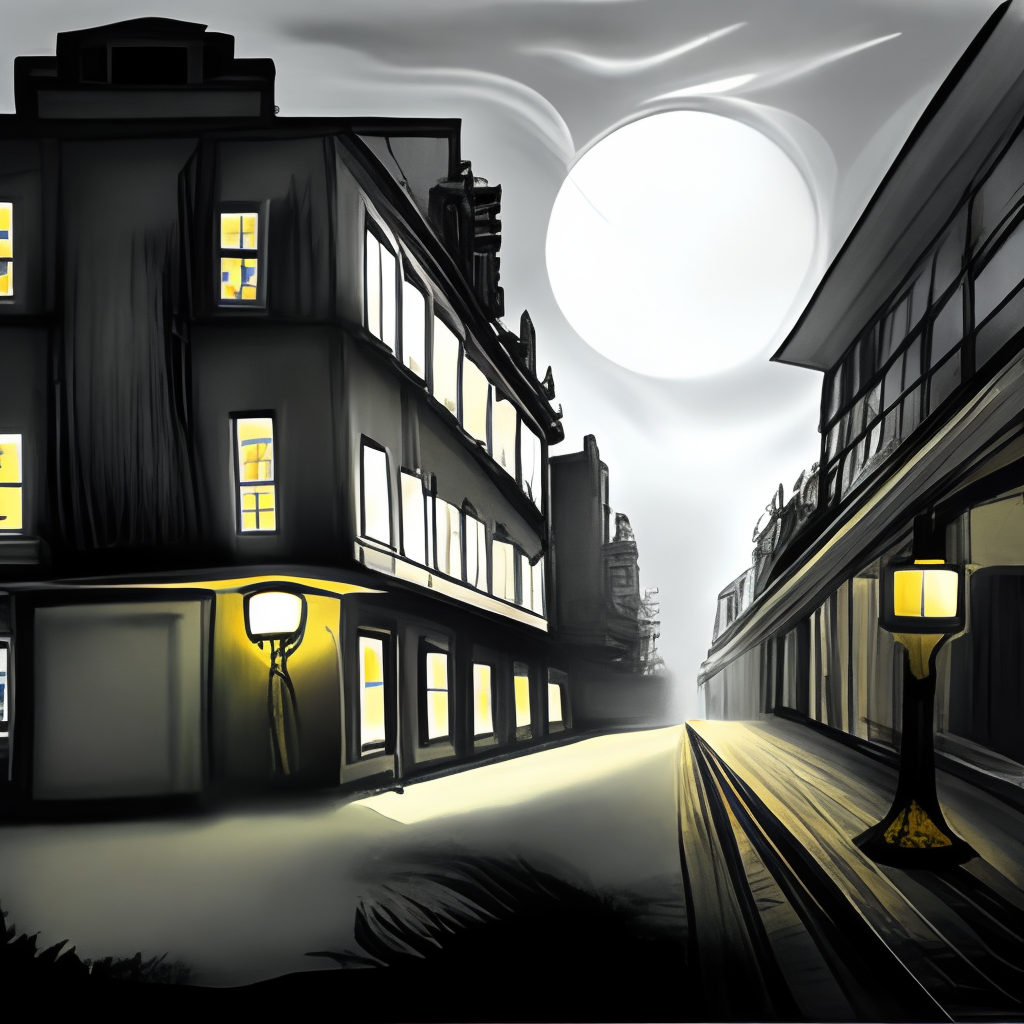 Make a drawing of an abandoned hotel. It should have a dark background and a lamp on the street, dimly illuminating the scene in a ghostly manner. The hotel should be on the right side of the image.