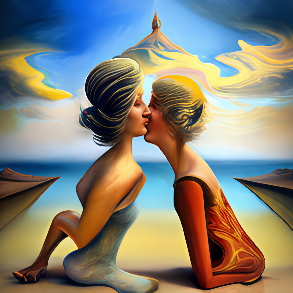 two beautiful women in leggings are melting while kissing in an abstract surreal dimension, surreal masterpiece by salvador dali, high detail,