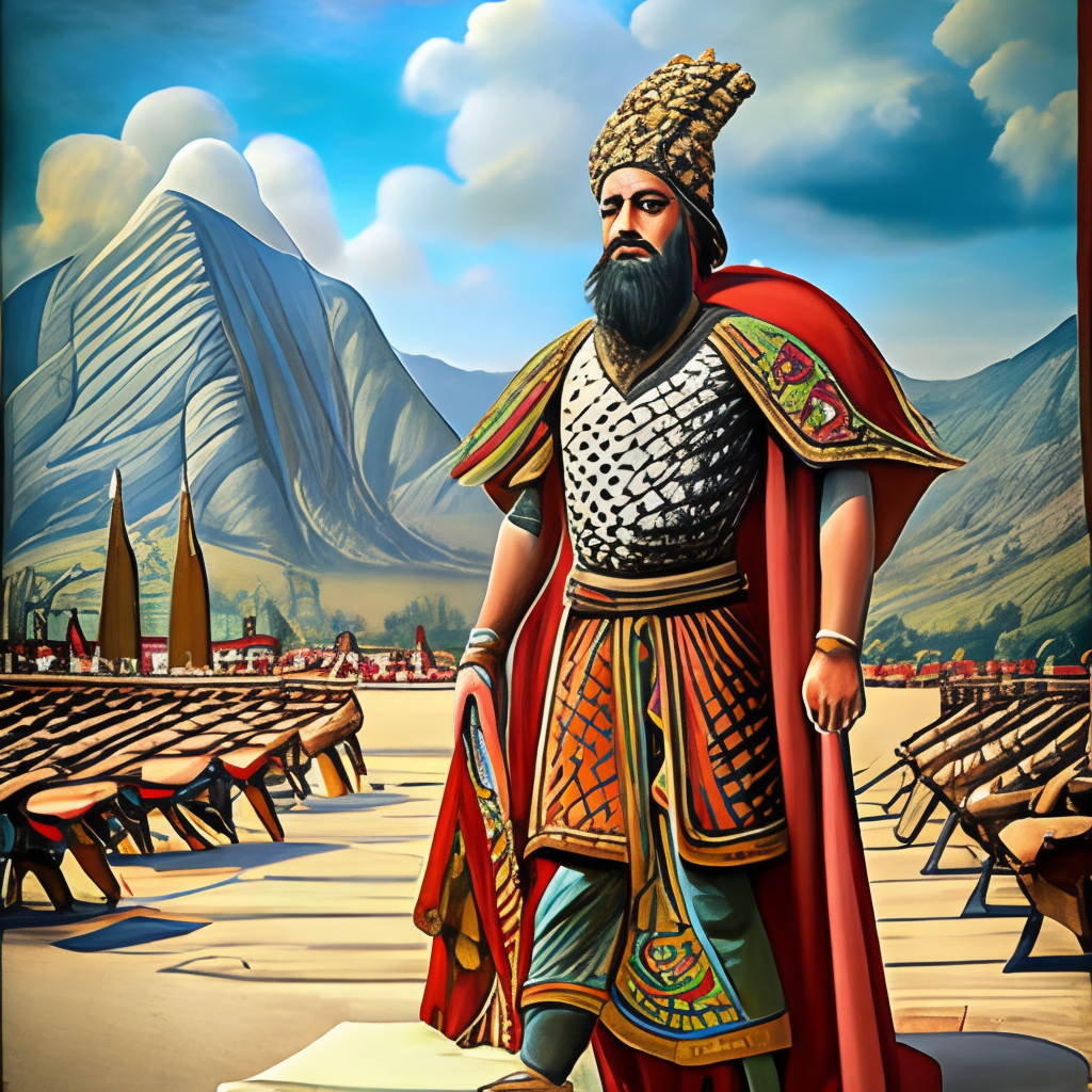 An old persian king who is the leader of tribe in 100bc who is full armed and armored with heavy clothes