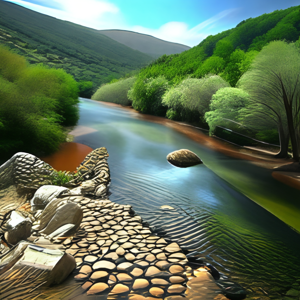 make it a surreal landscape with smooth rocks and flowing water - like something out of a dream.