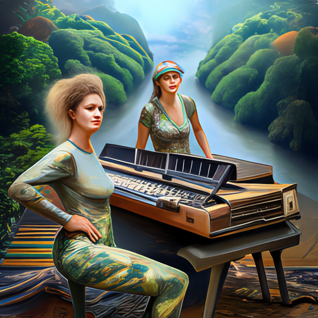 two beautiful women in camouflage leggings on a synthesizer, oil painting, masterpiece, high detail,