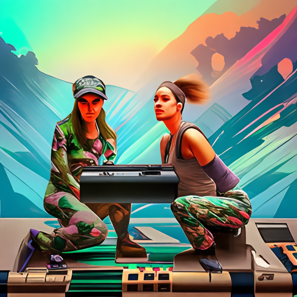 two beautiful women in camouflage leggings on a synthesizer, digital illustration, digital art,masterpiece, high detail,