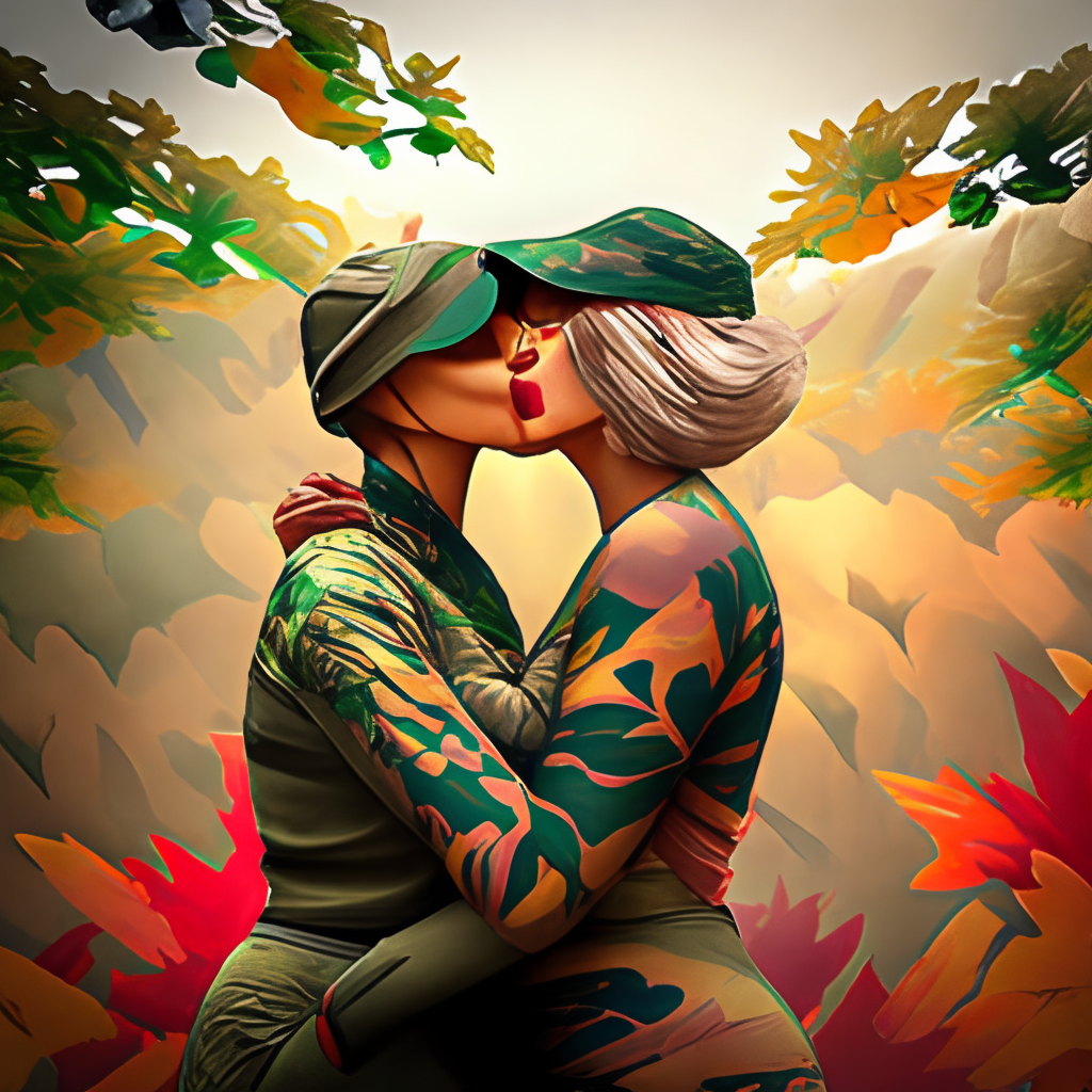 two beautiful women in camouflage leggings are kissing, digital illustration, digital art,masterpiece, high detail, beautiful face