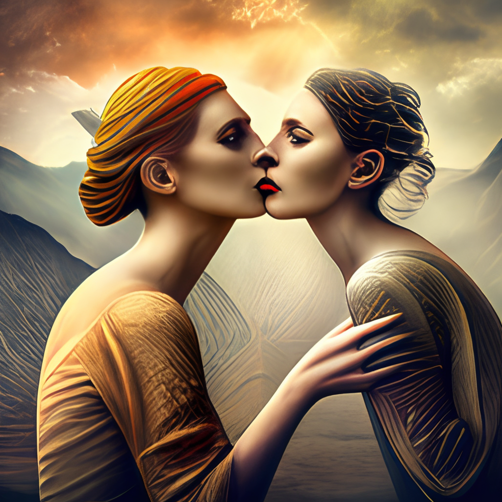 two beautiful women are kissing, digital art, digital art,masterpiece, high detail, beautiful face