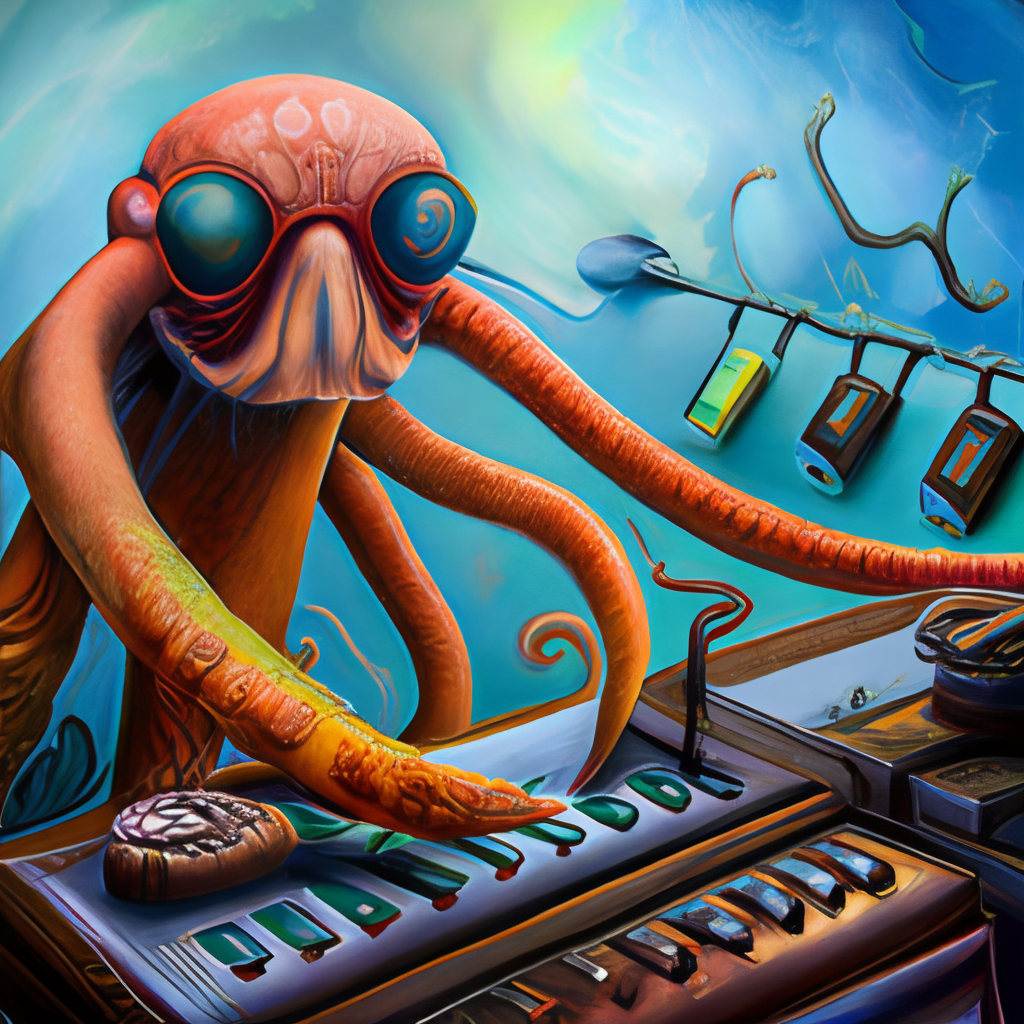 highh detail oil painting of a octopus that is playing a synthesizer