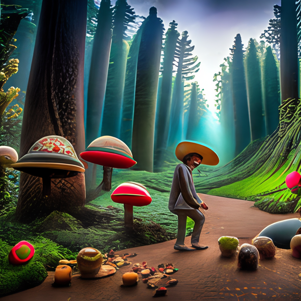  a magical magic mushroom is collecting mushrooms in a fantasy forest