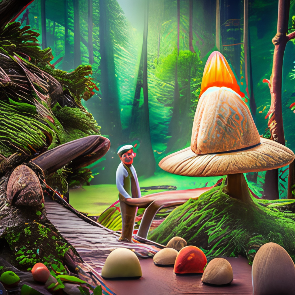  a mexican mushroom is collecting mushrooms in a fantasy forest 