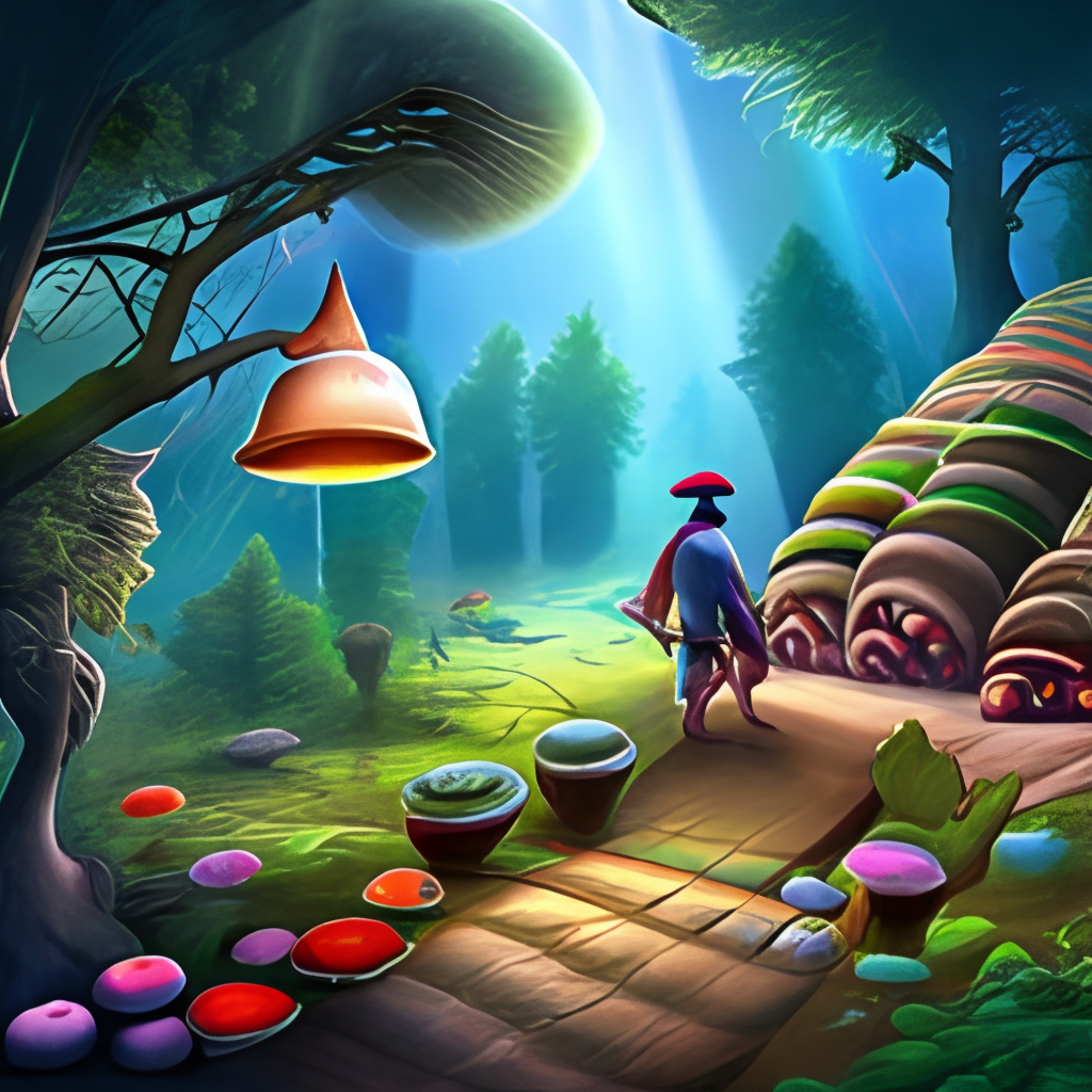  a mexican mushroom is collecting mushrooms in a fantasy forest, storybook illustratiom, digital art, 