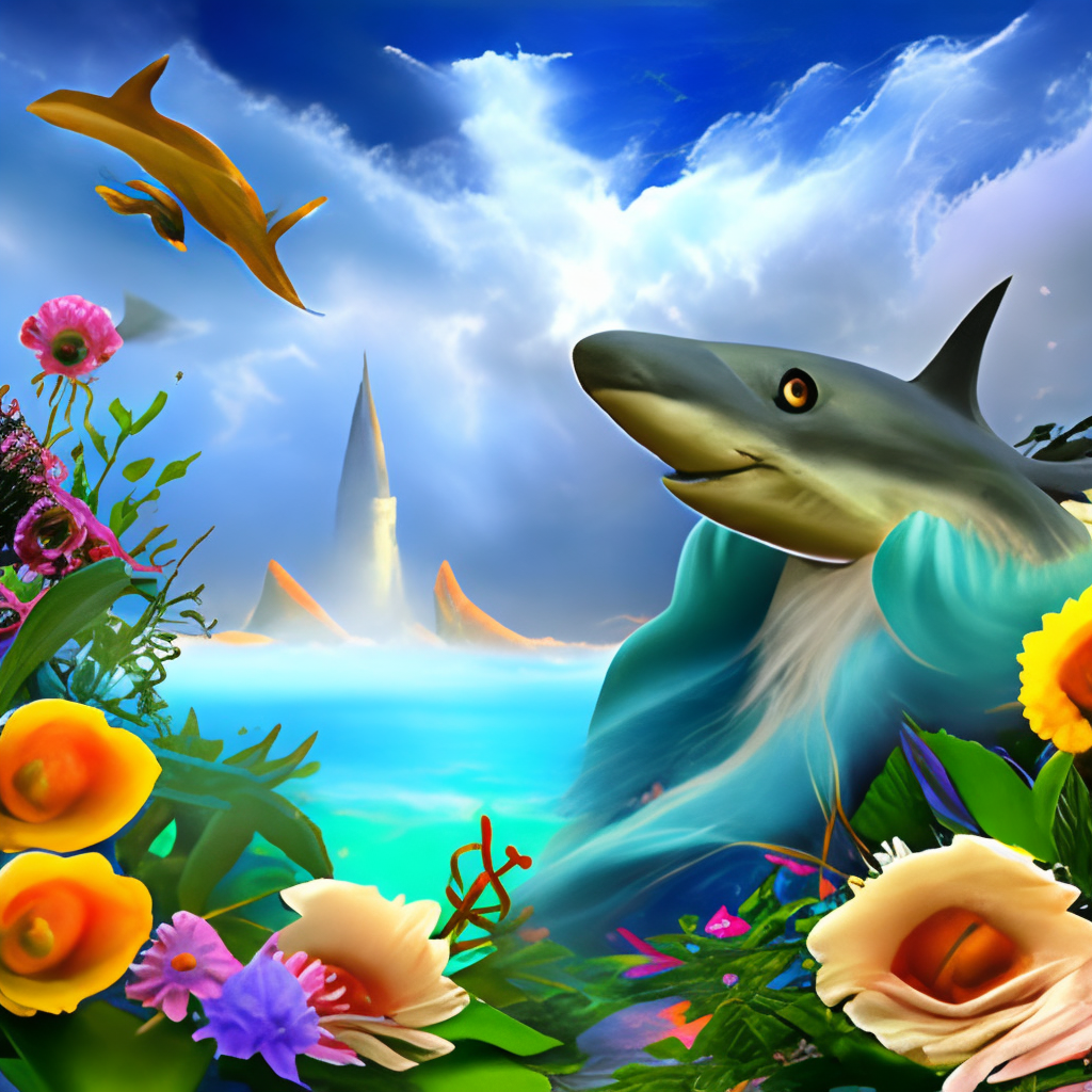 big sea with shark. big sea with shark. amber, whirling blue smoke, lowres, deformed, amber, whirling green smoke and flowers”, in the garden
