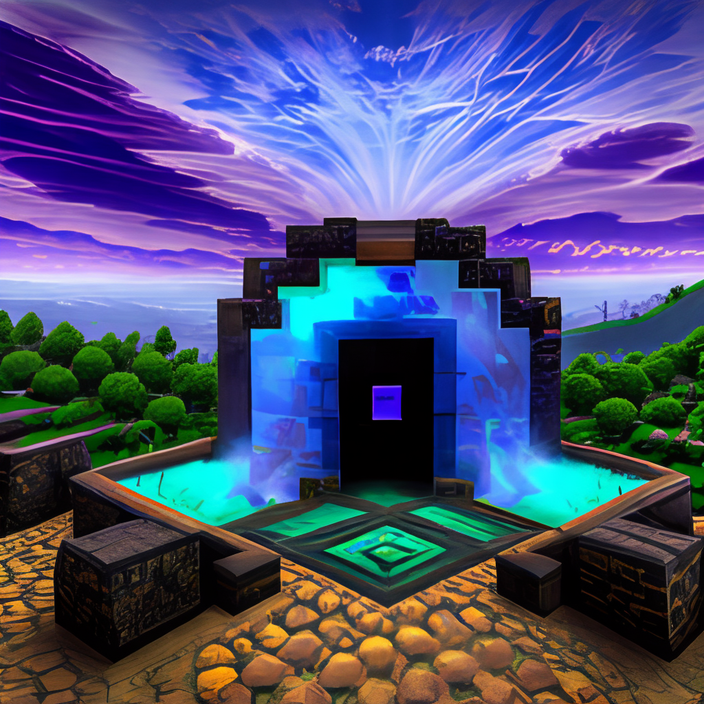 obsidian nether portal, festival rave, colourful, minecraft, green gras blue sky, flat horizon