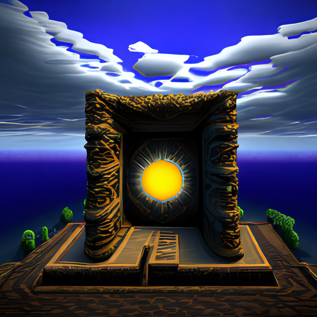 obsidian nether portal trimmed in gold , square clouds, 