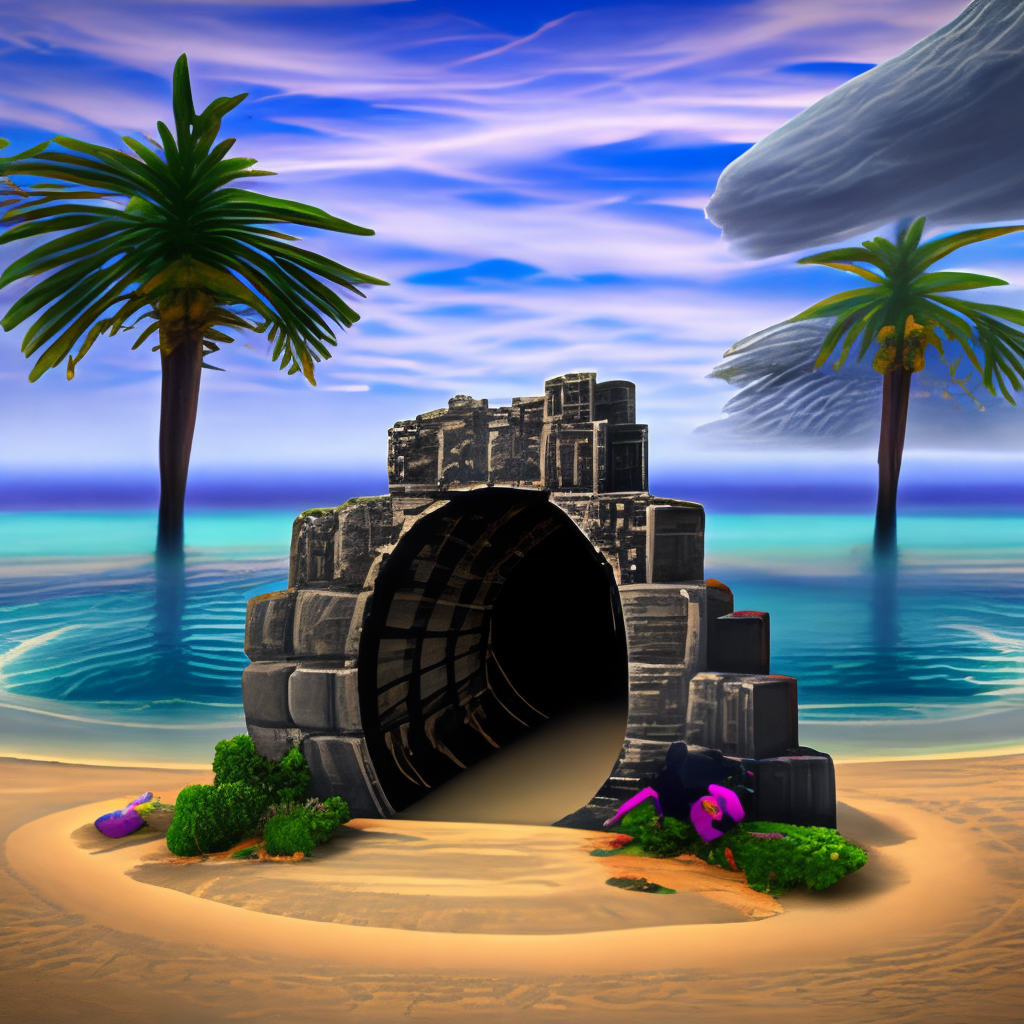 obsidian nether portal, beach palm trees, square clouds, 