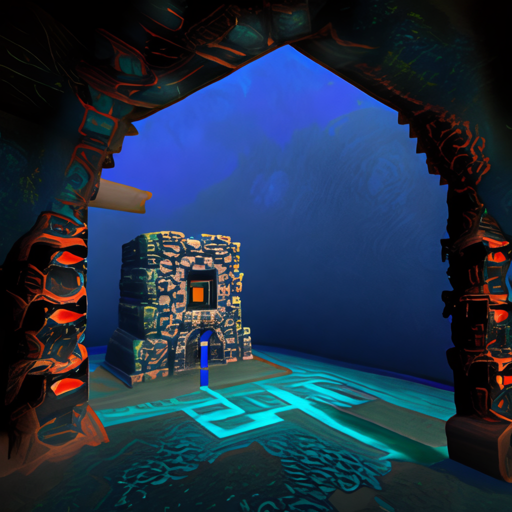 obsidian nether portal, underwater ancient city, fish