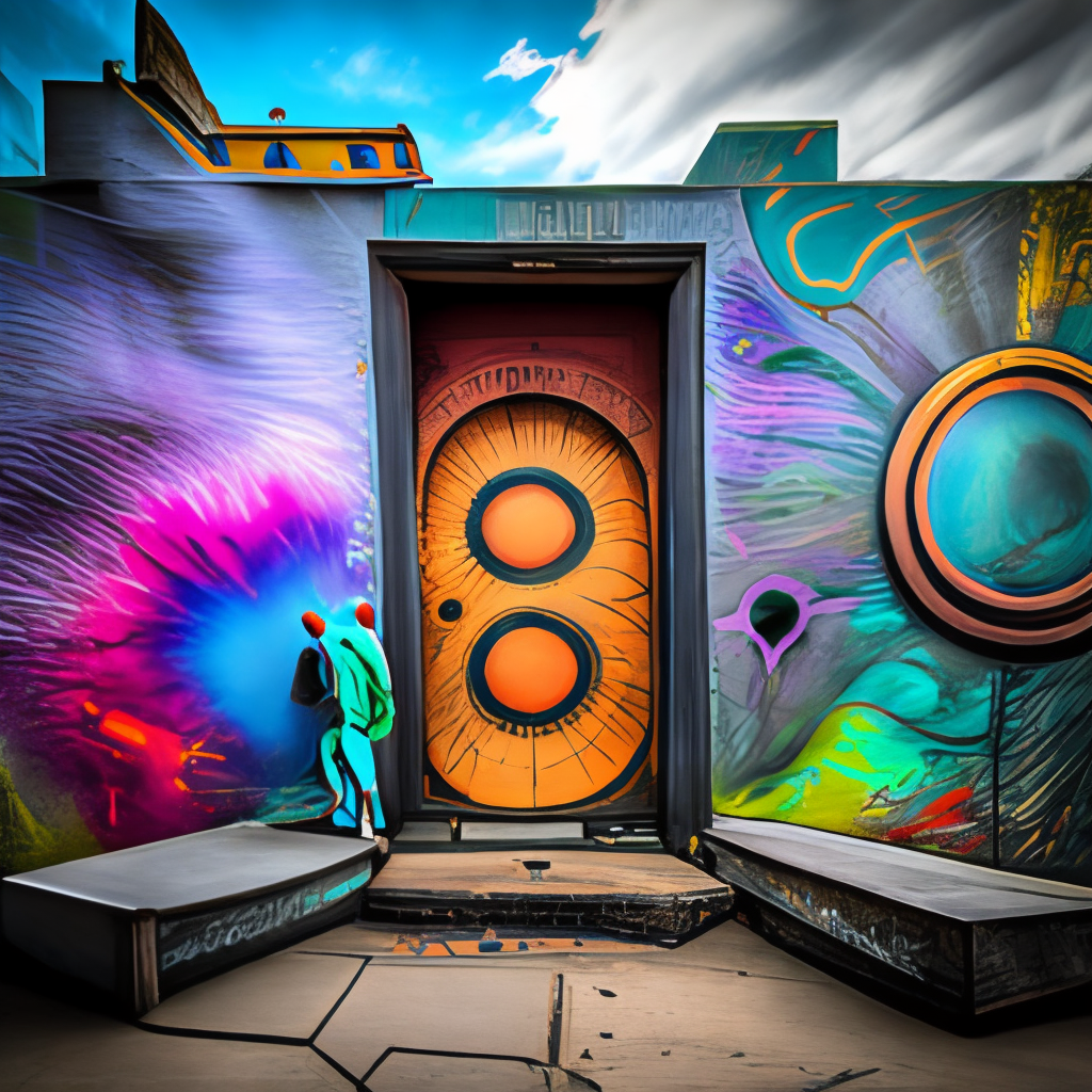 cosmic doorway portal,  graffiti wall, graffito, spray-painted writing, colourful vandalism