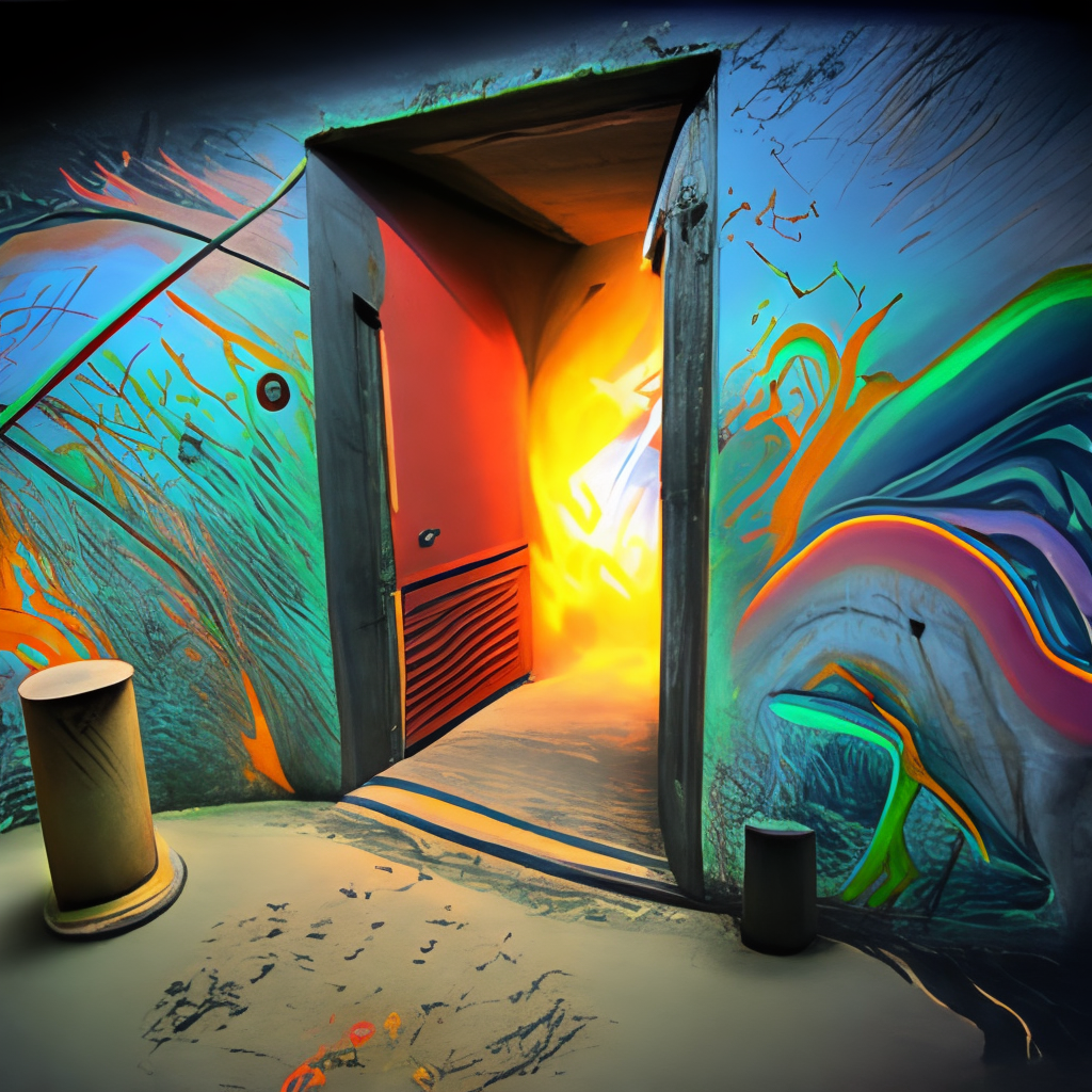 cosmic doorway portal inferno fire lava inside,  graffiti wall, graffito, spray-painted writing, colourful vandalism