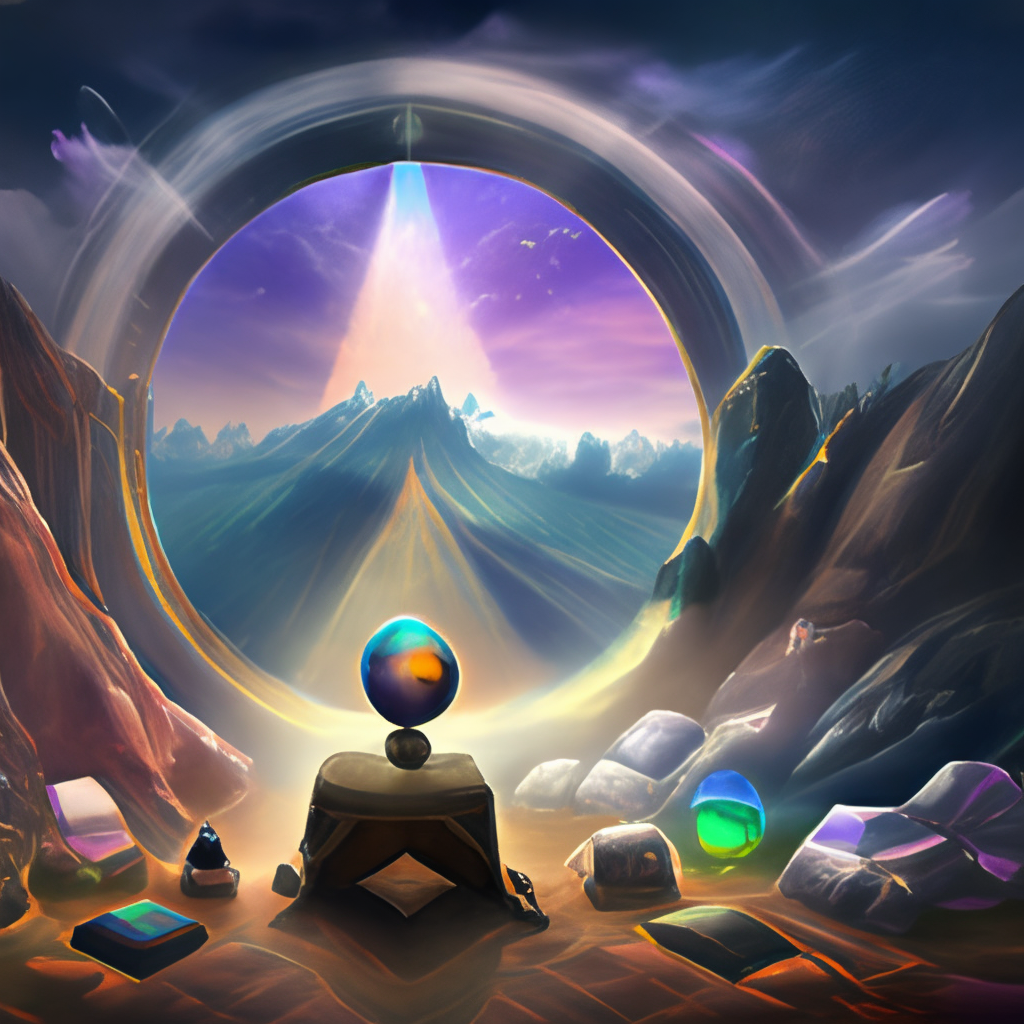 nether portal, sorceror portal, crystal ball, Palantír, clouds, prism