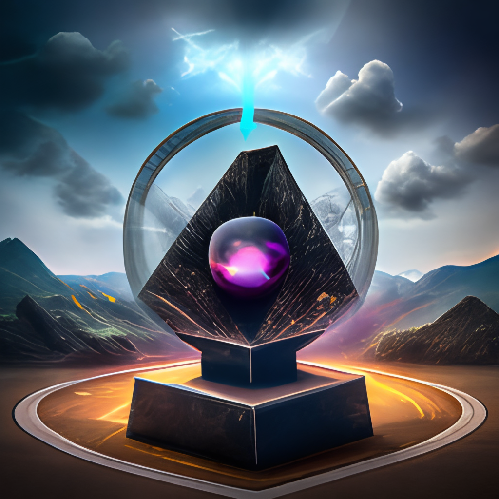 obsidian block nether portal, sorceror portal, crystal ball, Palantír, clouds, prism, portal to another cosmic dimension.