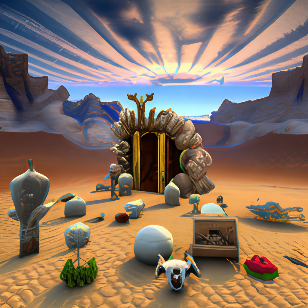 Desert nether portal cactus, cow bones, cow skeleton, cow skulls, dusk, campfire, ox cart, ox skull, minecraft nether portal, square clouds, cactus, sand