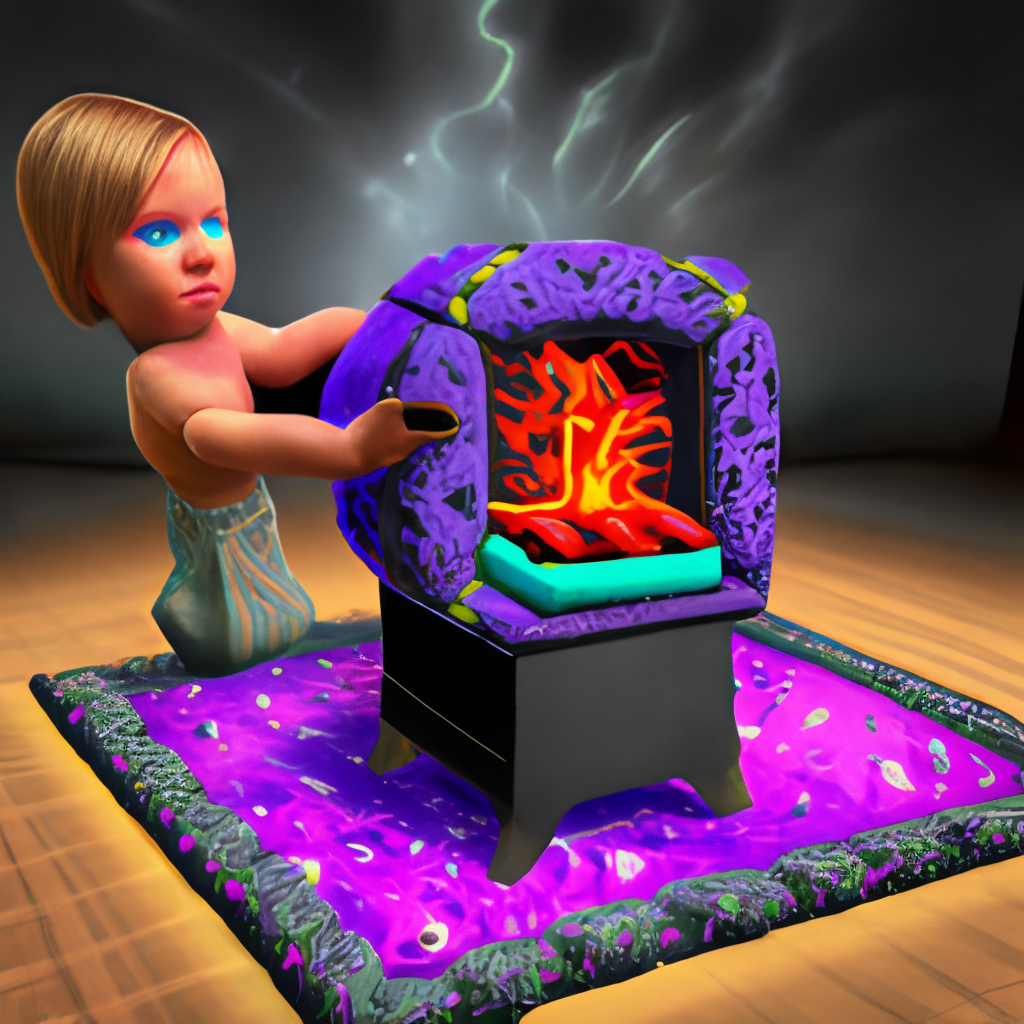 Goddess cradling baby nether portal, plush nether portal, colourful nether portal, obsidian nether portal, block portal