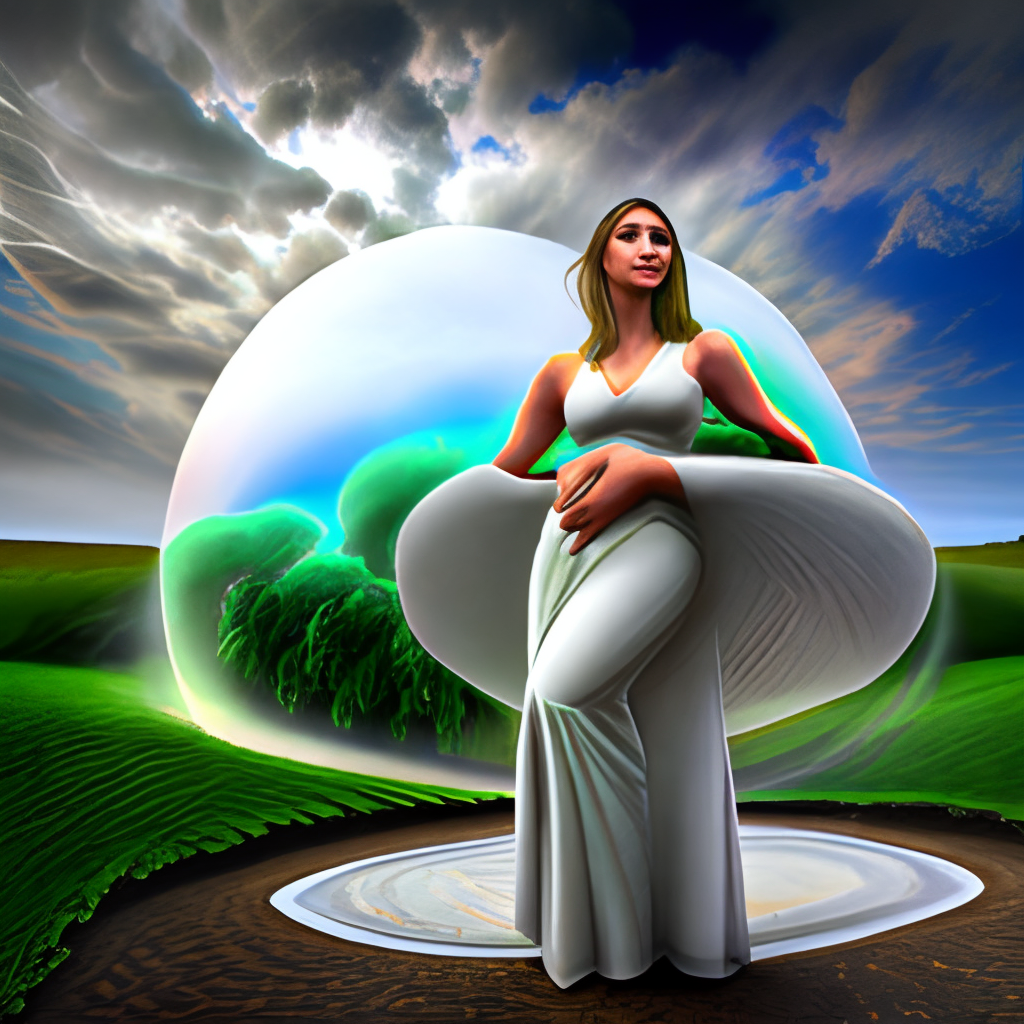 voluptuous Goddess cradling nether portal, clouds, green grass