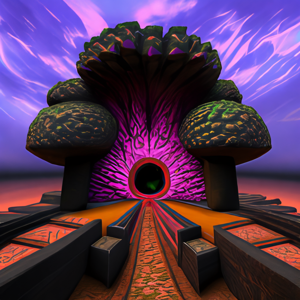 nether portal , giant mushrooms colourful , obsidian, pillager
