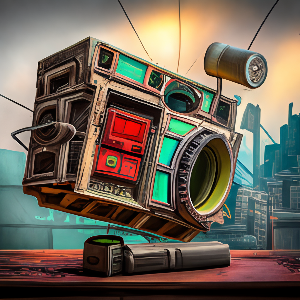 A detailed illustration of an old rusty cyberpunk radio 