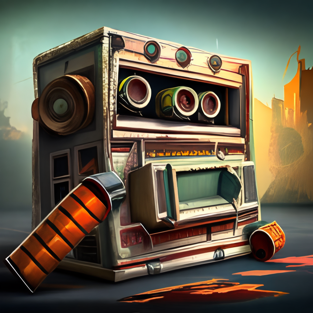 A detailed illustration of an old rusty cyberpunk radio 