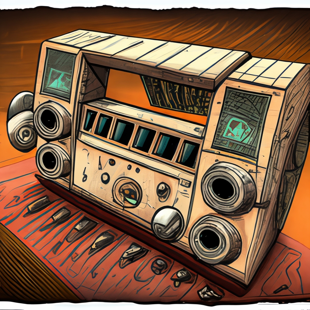 A detailed cartoon of an old rusty cyberpunk radio 