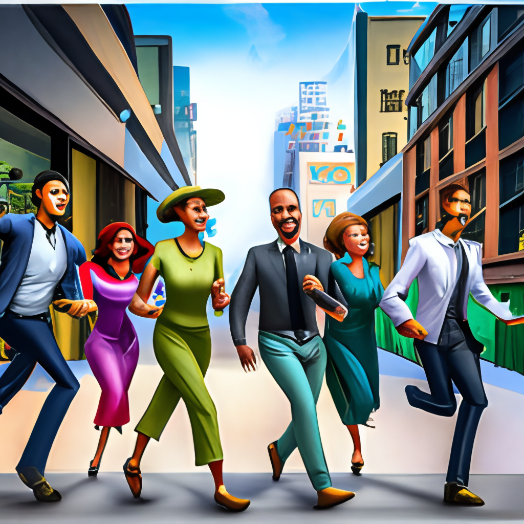 The first panel shows a diverse group of people walking on the streets of the city, with upbeat music playing in the background. They look excited and energetic, but also a bit uncertain.

Style of cartoon