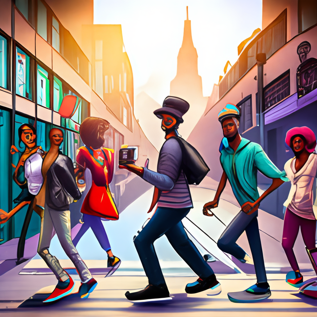 The first panel shows a diverse group of people walking on the streets of the city, with upbeat music playing in the background. They look excited and energetic, but also a bit uncertain.

Style of hip hop gangsta