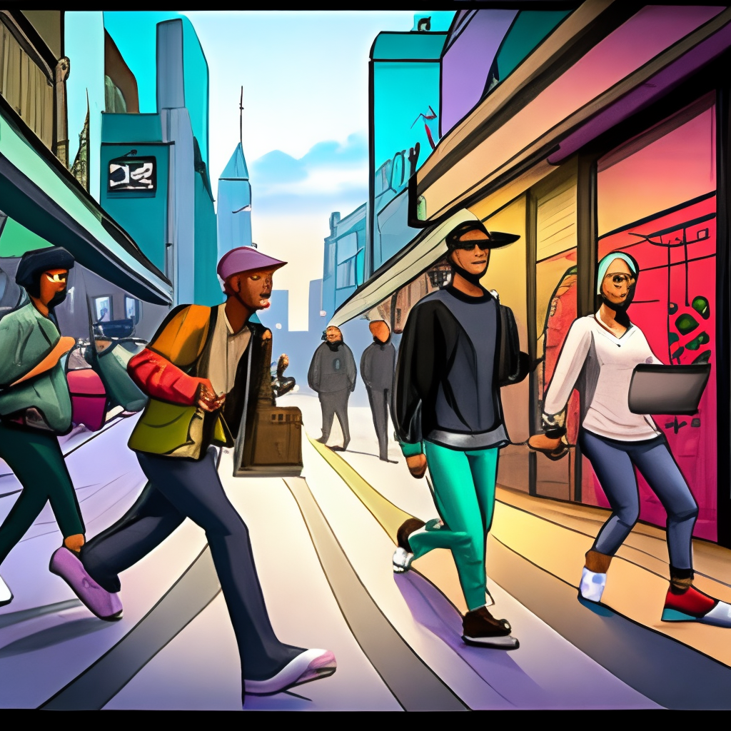 The first panel shows a diverse group of people walking on the streets of the city, with upbeat music playing in the background. They look excited and energetic, but also a bit uncertain.

Hip hop style