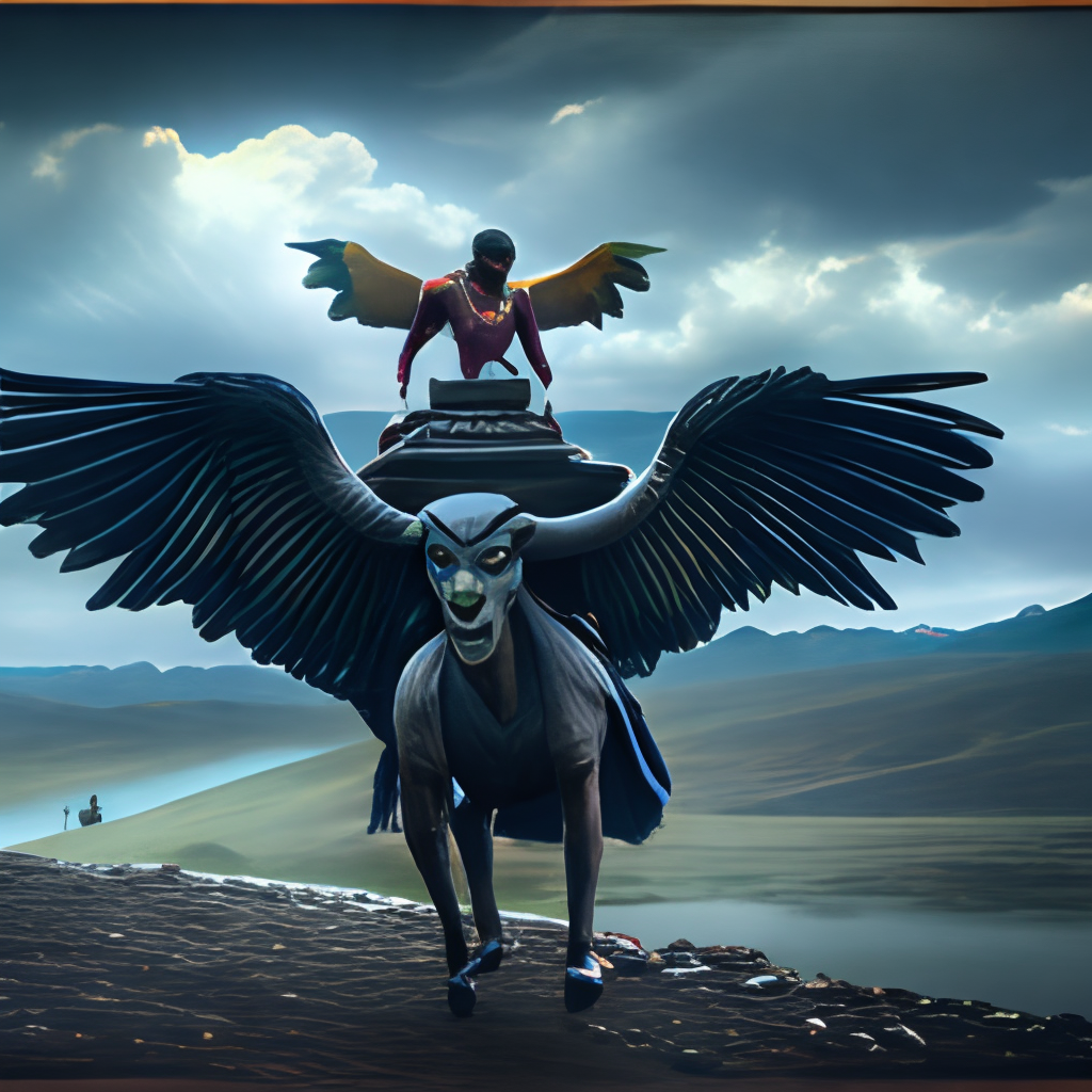 The Devils daughter called Jahi, flying riding on dark raven, relying old persian mythology 