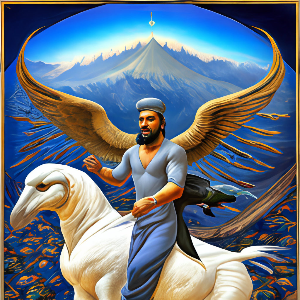 Bahram the god, rides a white raven, relying old persian mythology 