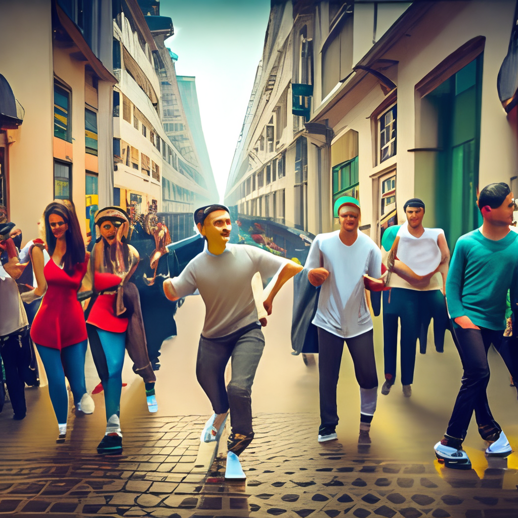 shows a diverse group of people walking on the streets of the city, with upbeat music playing in the background. They look excited and energetic, but also a bit uncertain.

Gangstar urban hip hop style