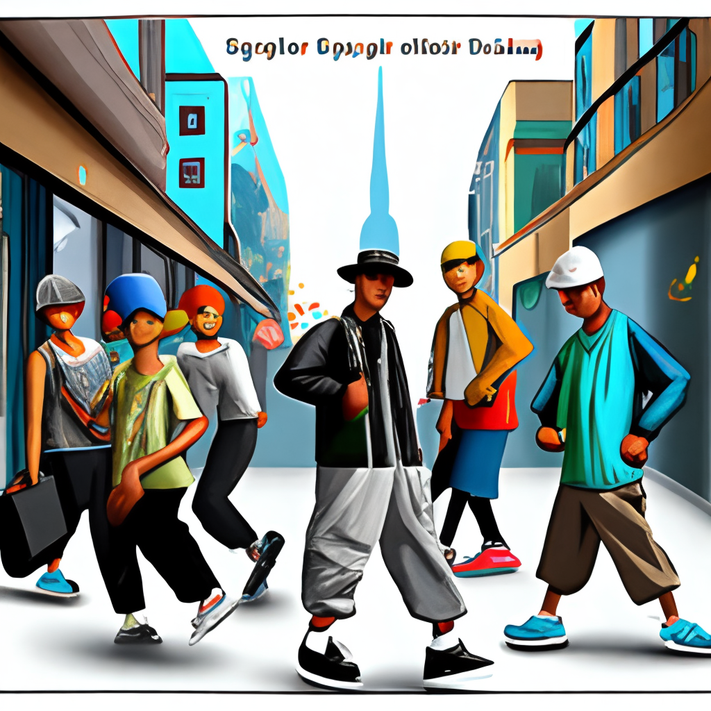 SYLE HIP HOP GRAFFITI STYLE
shows a diverse group youngsters they all have baggy clothing like skaters of people walking on the streets of the city, with upbeat music playing in the background. They look excited and energetic, but also a bit uncertain.

