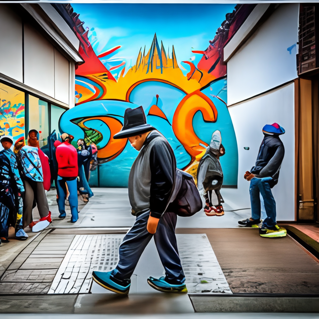 HIP HOP GRAFFITI STYLE BAGGY CLOTHING

shows a group YOUNGSTER of people standing outside a dance school, they see people dancing in the dance school. THey are watching into a mirror. On the building should stand dance school