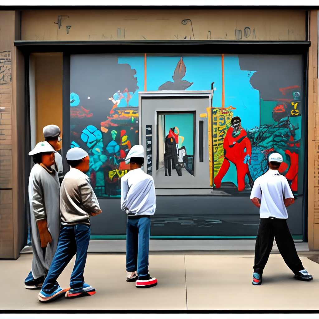 HIP HOP GRAFFITI STYLE BAGGY CLOTHING

shows a group YOUNGSTER of people standing outside a dance school, they see people dancing in the dance school. THey are watching into a mirror. On the building should stand dance school