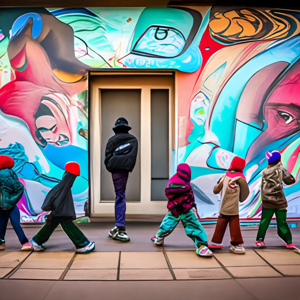 HIP HOP GRAFFITI STYLE BAGGY CLOTHING

shows a group YOUNGSTER of people standing outside a dance school, they see people dancing in the dance school. THey are watching into a mirror. On the building should stand dance school