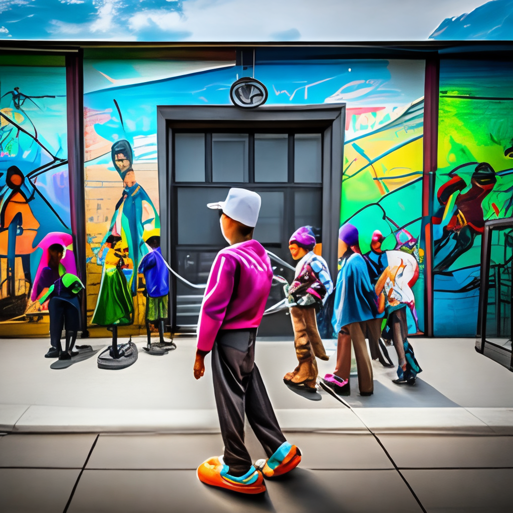 HIP HOP GRAFFITI STYLE BAGGY CLOTHING

shows a group YOUNGSTER of people standing outside a dance school, they see people dancing in the dance school. THey are watching into a mirror the young people can see people dancing in the dance school through the mirror. On the building should stand dance school