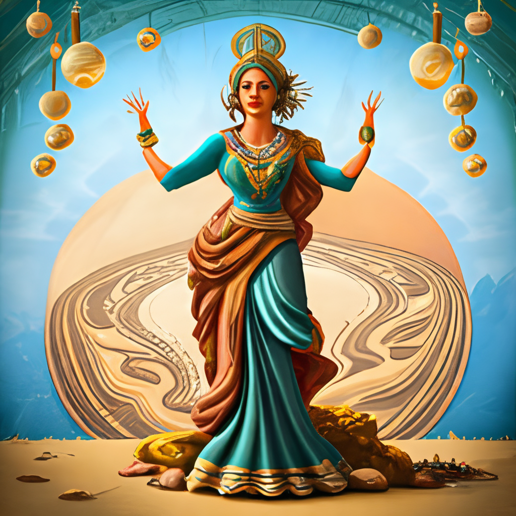 The goddess of the earth, glorious but made of sand, making earthquake, clothing old persian mythical ones