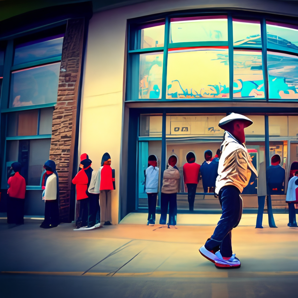 HIP HOP STYLE BAGGY CLOTHING

shows a group YOUNGSTER of people standing outside a dance school, they see people dancing in the dance school. THey are watching into a mirror the young people can see people dancing in the dance school through the mirror. On the building should stand dance school