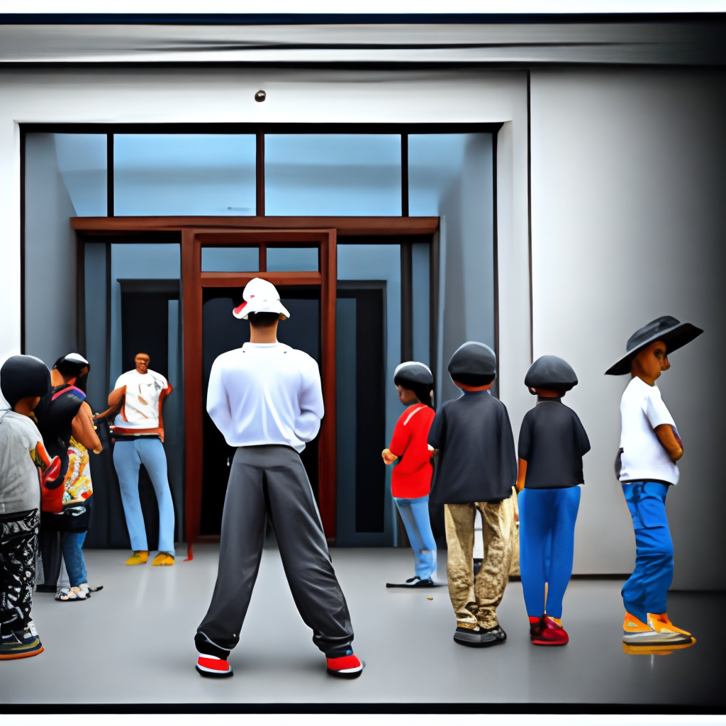 HIP HOP STYLE BAGGY CLOTHING

shows a group YOUNGSTER of people standing outside a dance school, they see people dancing in the dance school.  
The youngster watching in the mirror of the dance school and see people dancing
THey are watching into a mirror. On the building should stand dance school