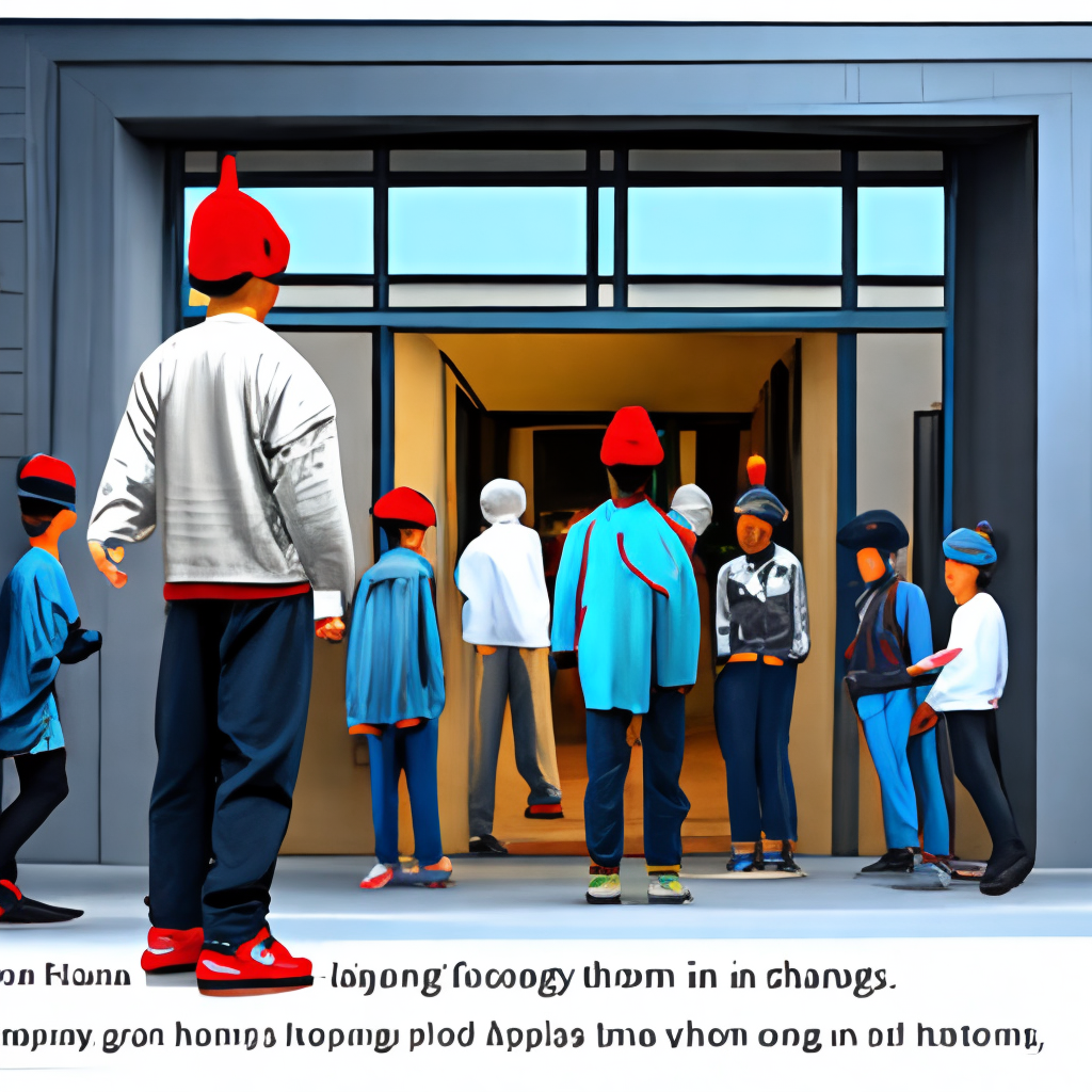 HIP HOP STYLE BAGGY CLOTHING

shows a group YOUNGSTER of people standing outside a dance school, they see people dancing in the dance school.  
The youngster watching in the mirror of the dance school and see people dancing
THey are watching into a mirror. On the building should stand dance school