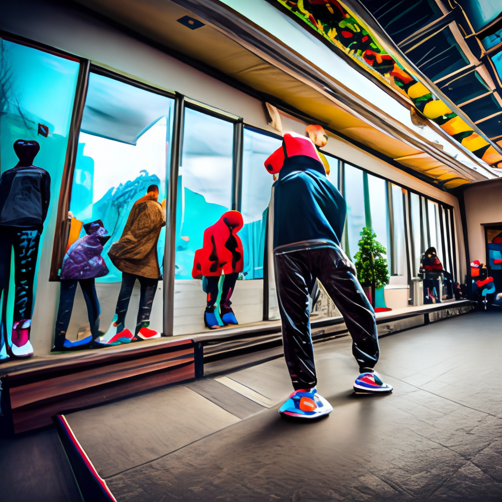 HIP HOP STYLE BAGGY CLOTHING

shows a group YOUNGSTER of people walking next to a dance school and watching people dance inside it, 
The youngster watching in the mirror of the dance school and see people dancing
THey are watching into a mirror. On the building should stand dance school