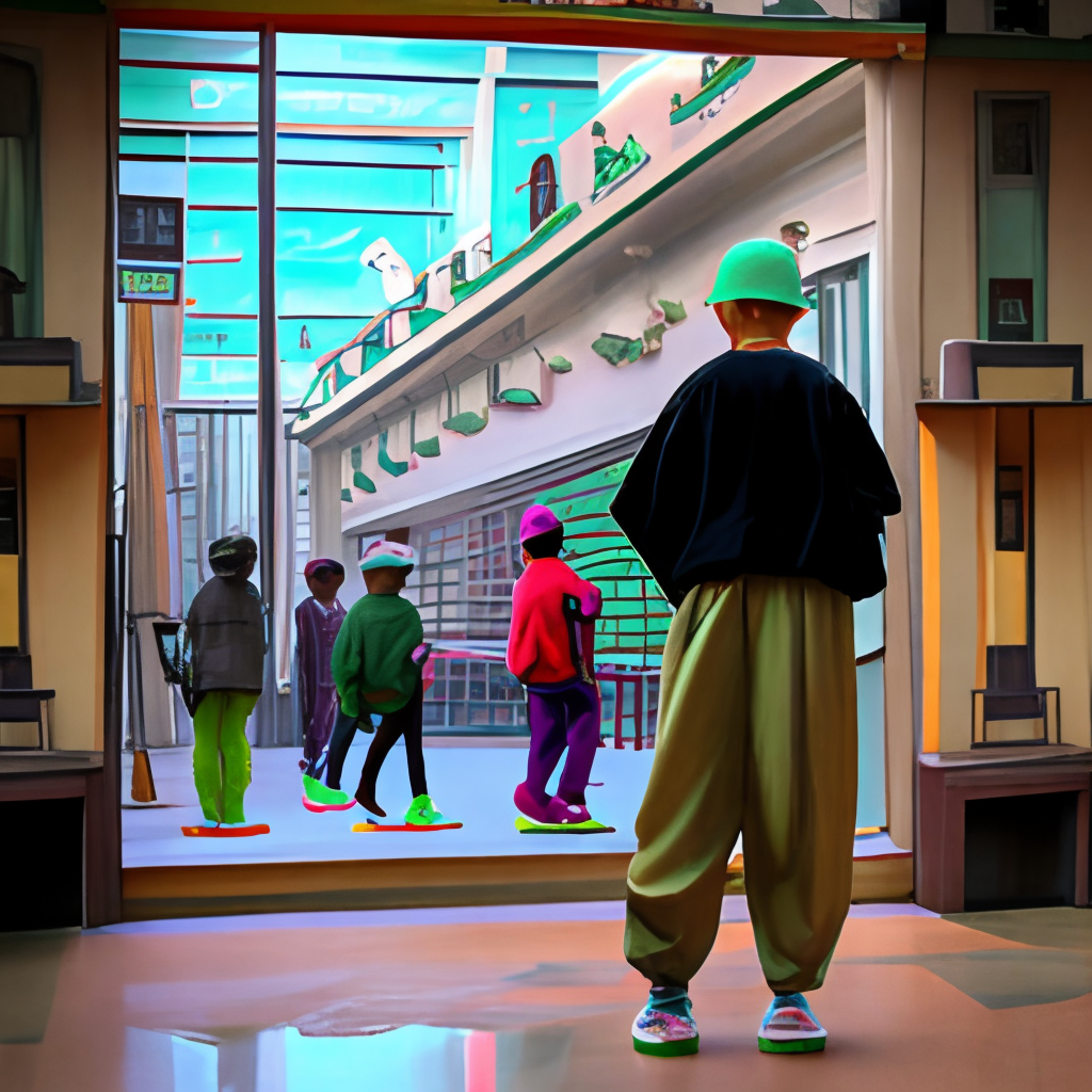 HIP HOP STYLE BAGGY CLOTHING

shows a group YOUNGSTER of people walking outisde next to a dance school and watching people dance inside it, 
The youngster watching in the mirror of the dance school and see people dancing
THey are watching into a mirror. On the building should stand dance school