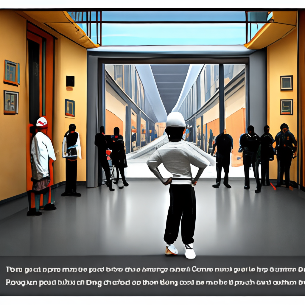 HIP HOP STYLE BAGGY CLOTHING

GIVE ME THE POINT OF VIEW FROM THE  YOUNGSTER walking outisde next to a dance school and watching people dance inside it, 
The youngster watching in the mirror of the dance school and see people dancing
THey are watching into a mirror. On the building should stand dance school